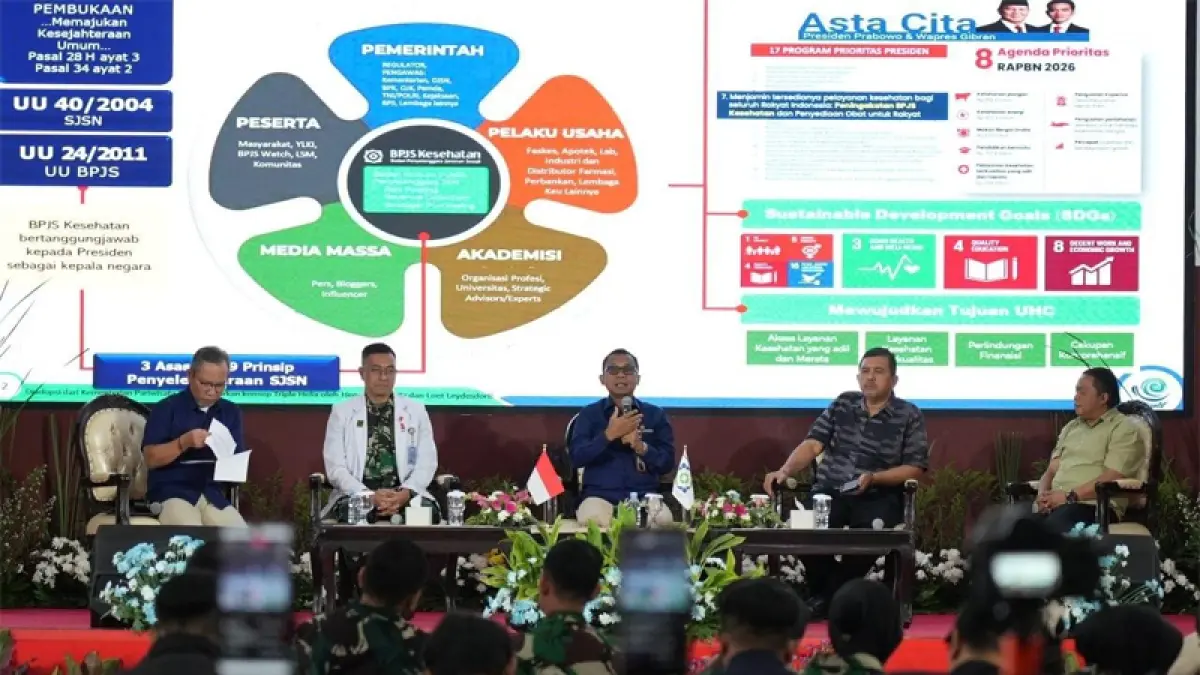 Direktur Utama BPJS Kesehatan, Prihati Pujowaskito, didampingi para narasumber lainnya, saat memaparkan materi di Workshop Media, di Cimahi, Rabu (16/9/2026).