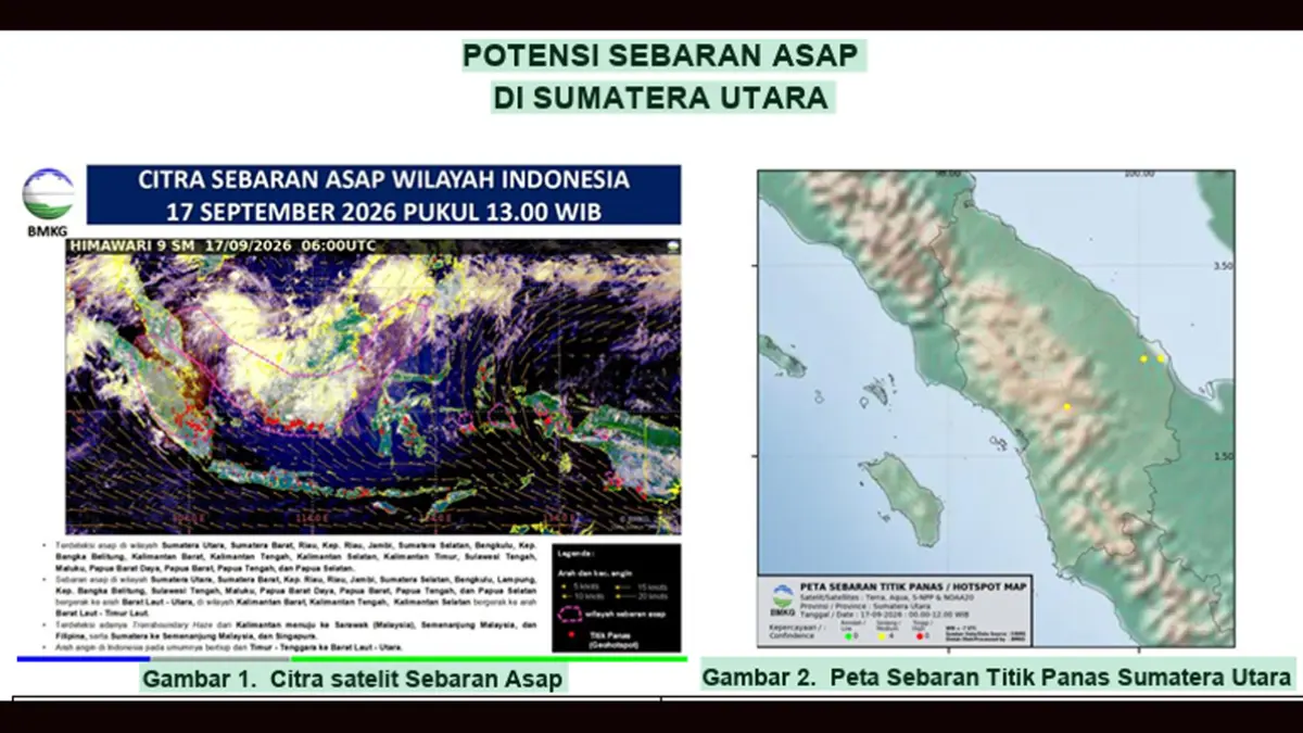 SEBARAN ASAP: Citra dan peta BMKG menunjukkan sebaran asap di sejumlah wilayah Sumatera Utara pada Kamis (17/9/2026) pukul 13.00 WIB.