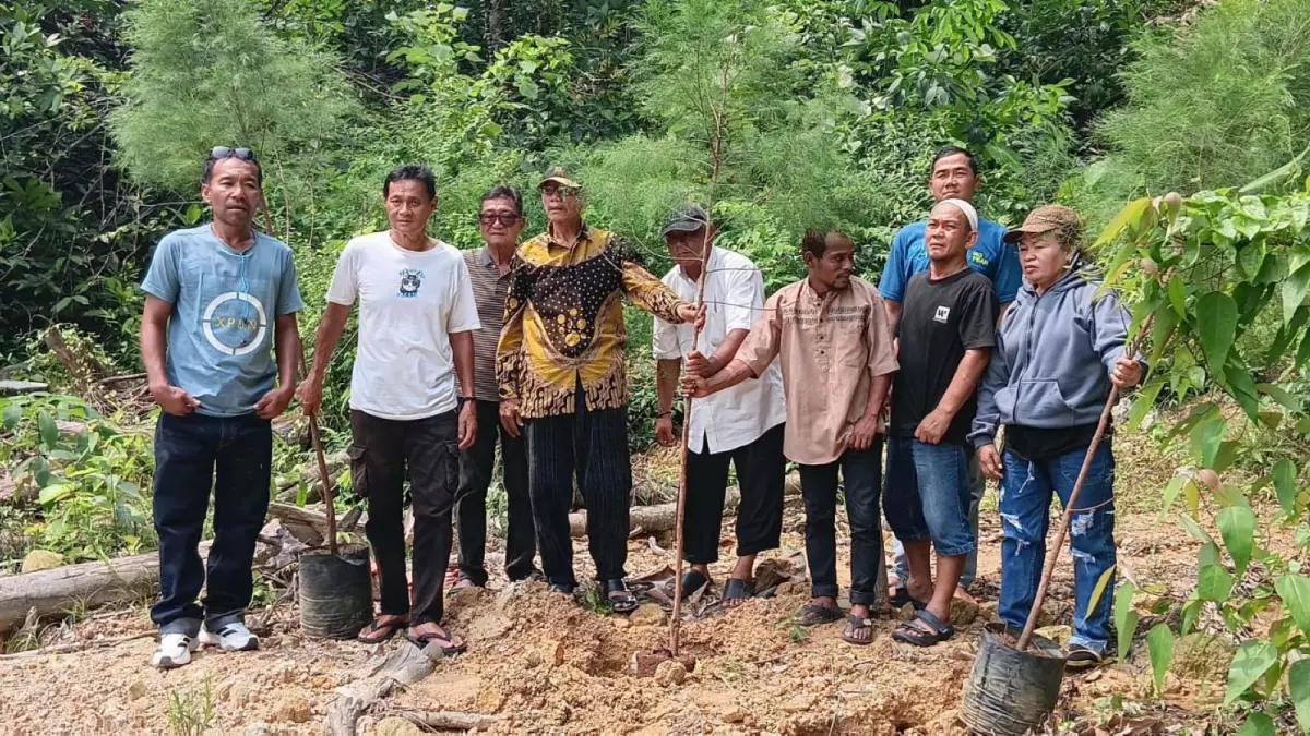 Edy Irawan mewakili keluarga besar Abednego bersama Kepling III Pancuran Gerobak Yusran Siregar, tokoh masyarakat Sukarta dan warga menanam pohon cemara di Sibolga, Rabu (16/9/2026).