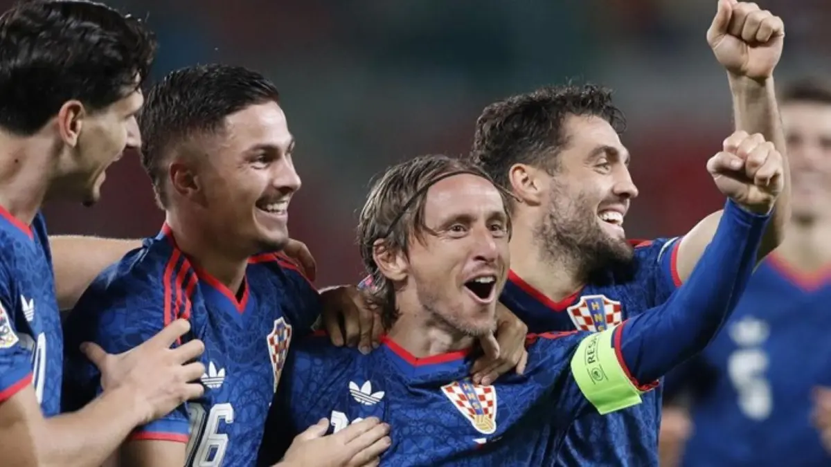 Luka Modrić merayakan gol saat Kroasia menang 2-1 atas Ceko pada laga pembuka UEFA Nations League 2026/2027 di Fortuna Arena, Praha.