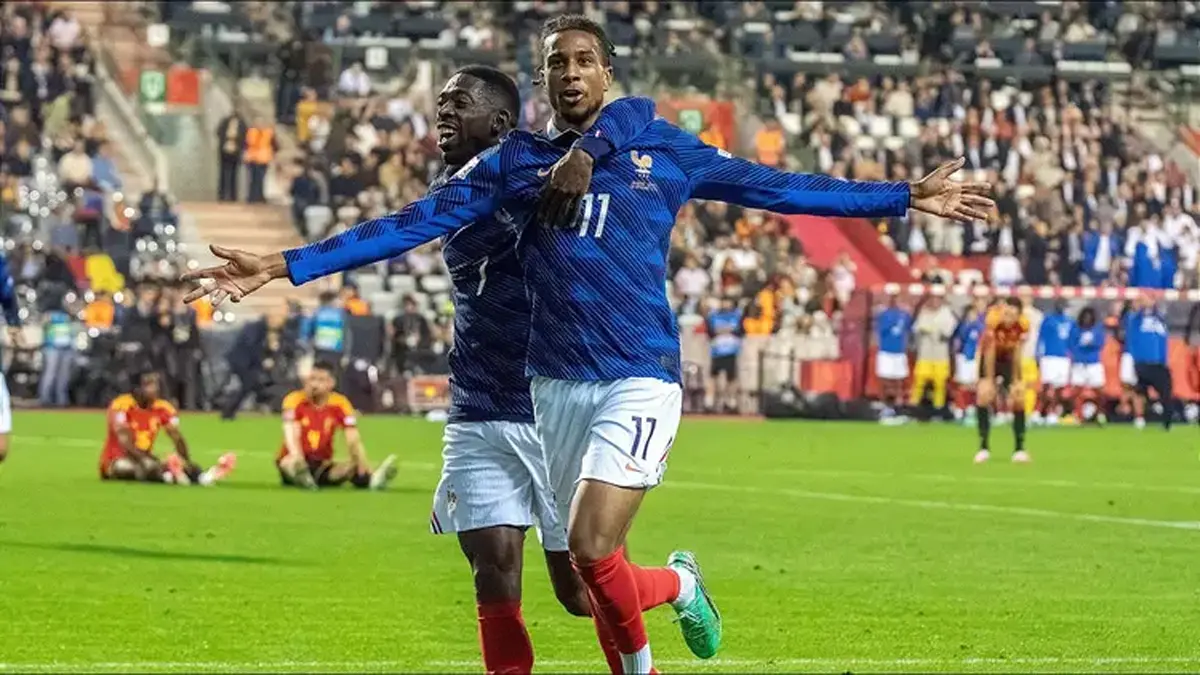 Michael Olise merayakan gol tunggal yang membawa Prancis menang 1-0 atas Belgia pada matchday kedua Grup A UEFA Nations League.