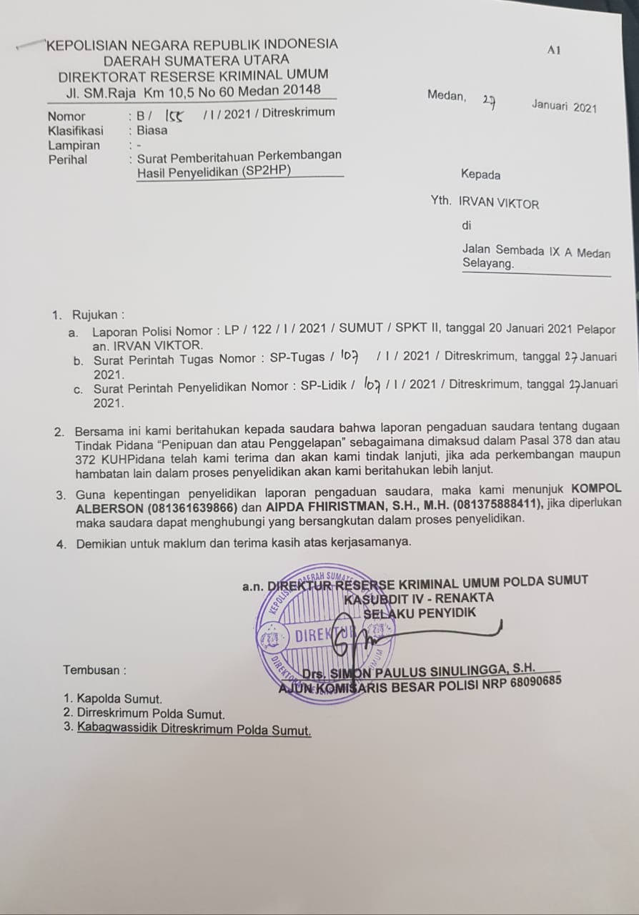 Salinan surat pemberitahuan diterimanya laporan polisi dari Polda Sumatera Utara.