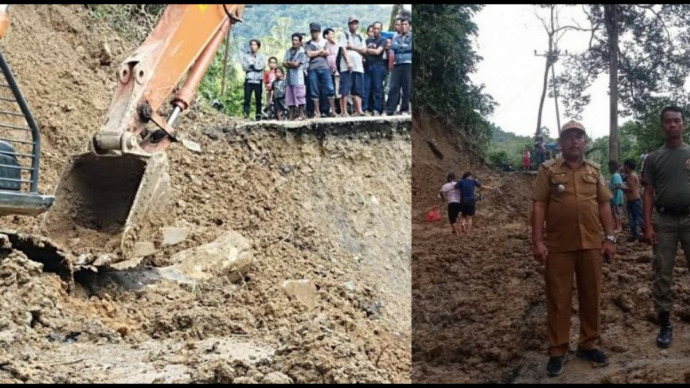 Dinas Pekerjaan Umum dan Badan Penanggulangan Bencana Daerah membuka akses bagi masyarakat di pinggir jalan yang amblas total di Desa PO Simargarap, Kecamatan Pasaribu Tobing.