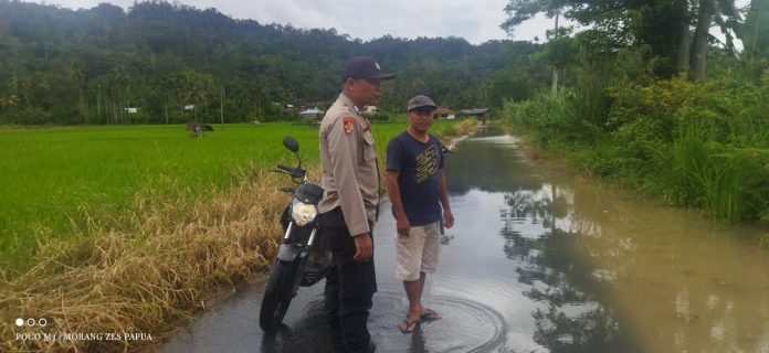 Jalan dan persawahan tergenang air di Purbatua, akibat luapan Sungai Bombongan.