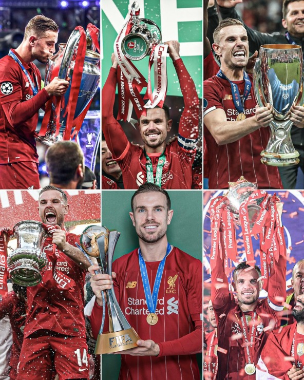 Kolase foto Jordan Henderson dengan raihan trofi selama berseragam Liverpool FC.