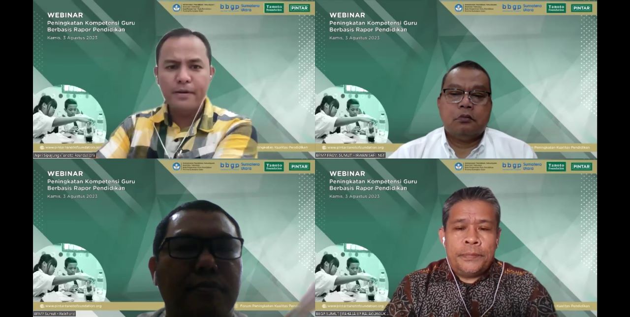 Para pembicara dalam webinar yang digelar Tanoto Foundation berkolaborasi dengan Balai Penjaminan Mutu Pendidikan (BPMP) dan Balai Besar Guru Penggerak (BBGP) Sumatera Utara,  Kamis (3/8/2023). (Foto: screenshot)