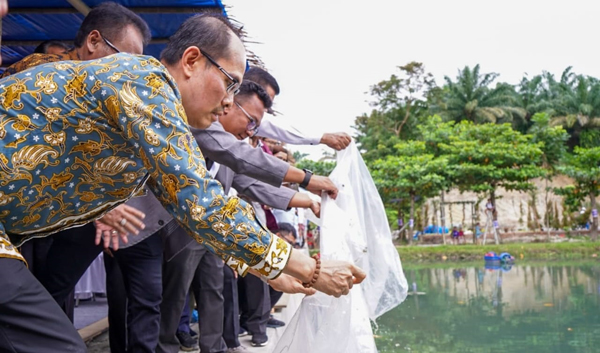 Pelepasan ikan nila ke dalam kolam sebagai tanda peresmian desa wisata Karang Anyar Kecamatan Gunung Maligas, Simalungun, Kamis(21/12).