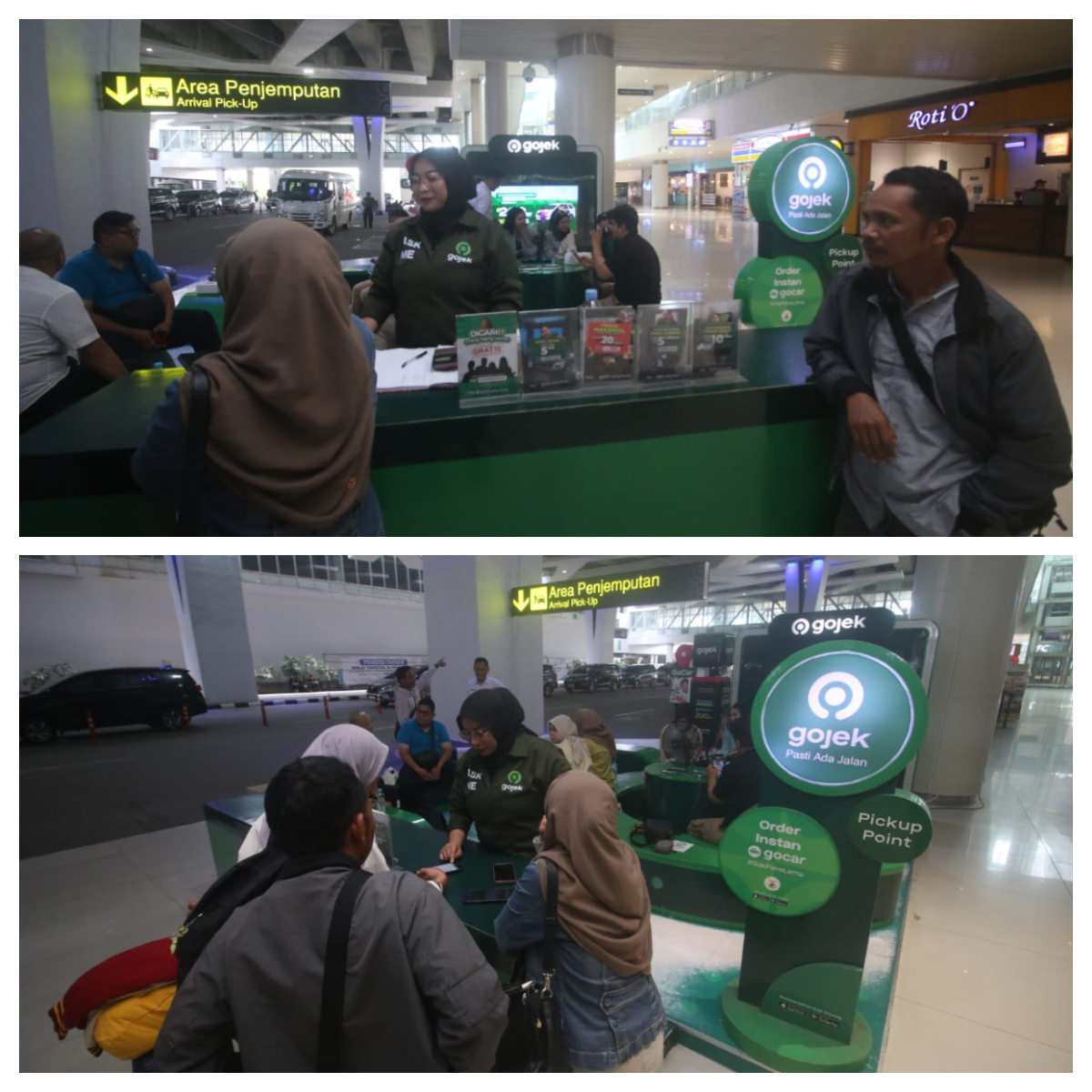 CEPAT: Counter Gojek di Bandara Internasional Sultan Aji Muhammad Sulaiman Sepinggan siap mengantarkan penumpang beperian ke luar kota, termasuk menuju IKN. (Foto: ANGGI PRADITHA/KP)