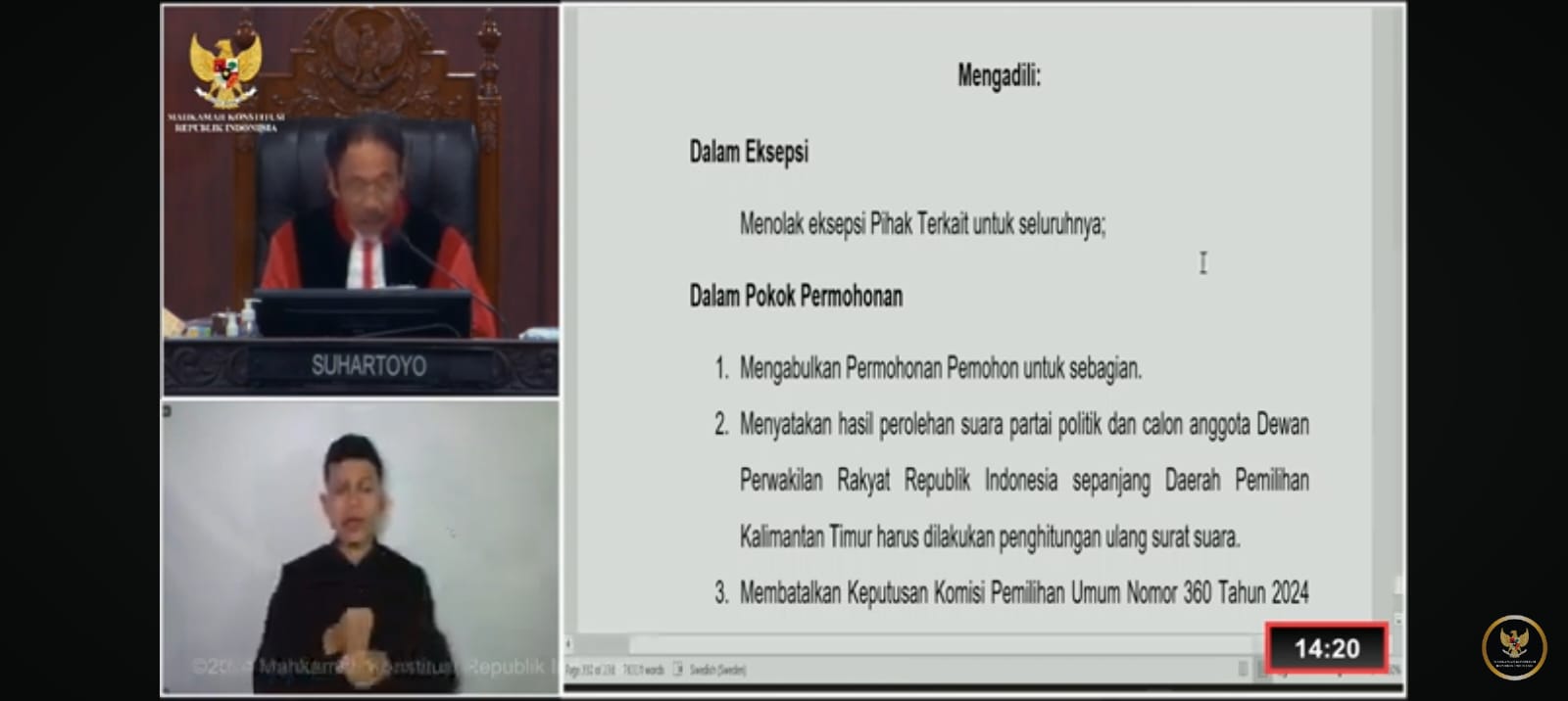 UJI PETIK: MK perintahkan KPU Kaltim Hitung Ulang Surat Suara di 147 TPS imbas PHPU Demokrat vs PAN. (ist)