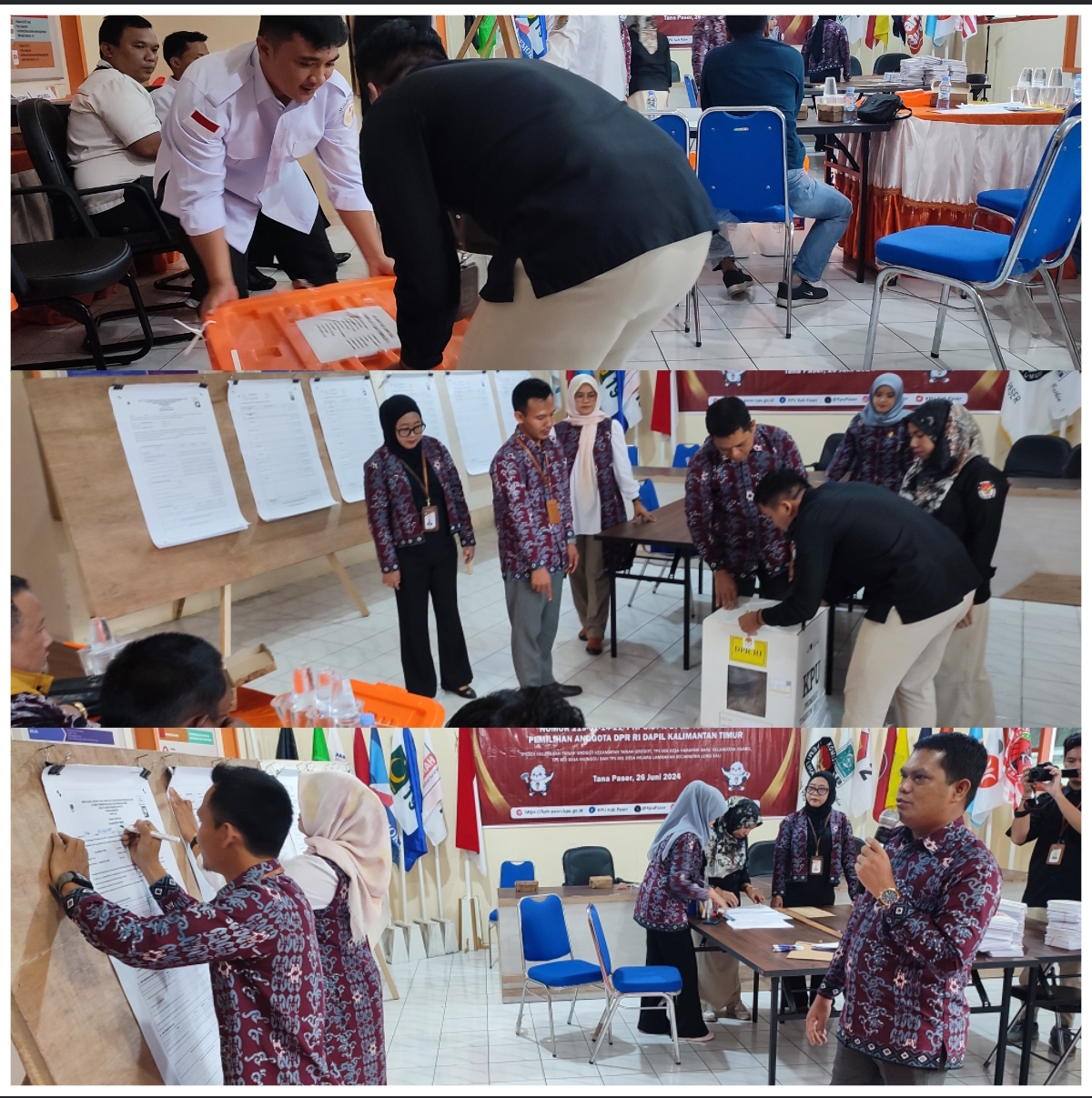HITUNG ULANG: KPU Paser melaksanakan perhitungan ulang surat suara dari empat TPS di Kabupaten Paser untuk surat suara DPR RI Kaltim, Rabu (26/6).&nbsp;(FOTO: NAJIB/KP)