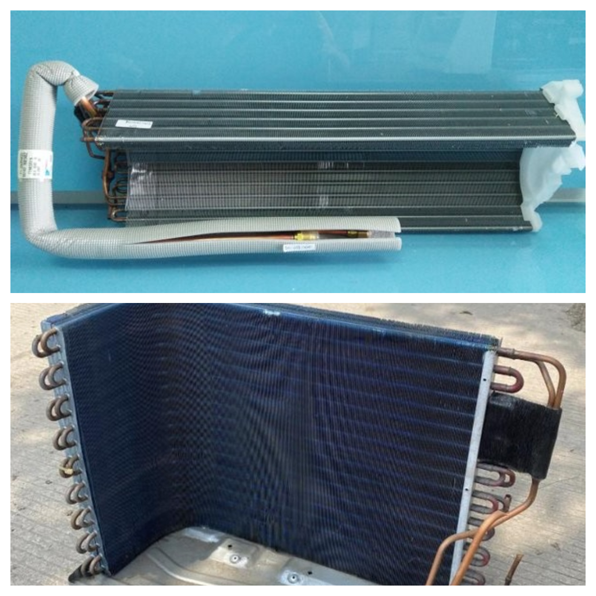 Kolase foto evaporator AC (atas) dan kondensor AC.