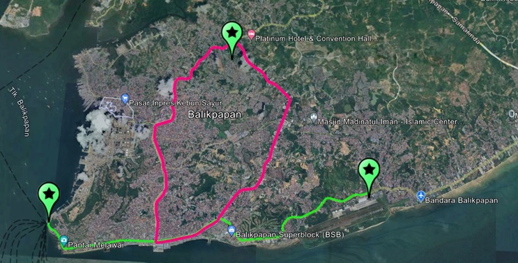 TIGA KORIDOR : Peta koridor uji coba angkutan perkotaan berbasis jalan dengan Skema Buy The Service (BTS) di Kota Balikpapan.(FOTO: IST)