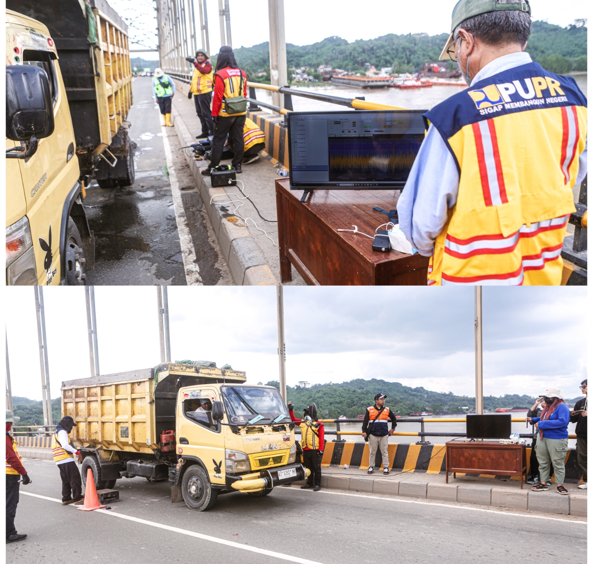PENGUJIAN: Uji beban Jembatan Mahakam Ulu menggunakan metode dinamik, Kamis (4/7). (FOTO: RAMA KP)
