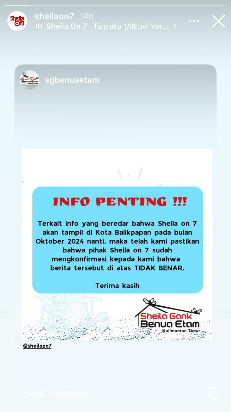 Repost Sheila on 7  tentang tidak ada jadwal konser di Balikpapan.