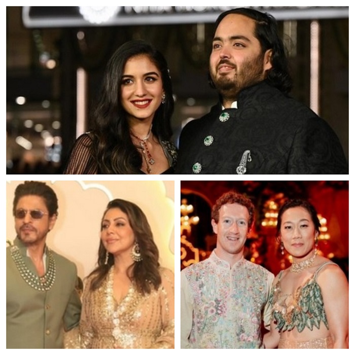 Kolase foto pernikahan Anant Ambani dan Radhika Merchant yang dihadiri selebritas dan tokoh dunia.