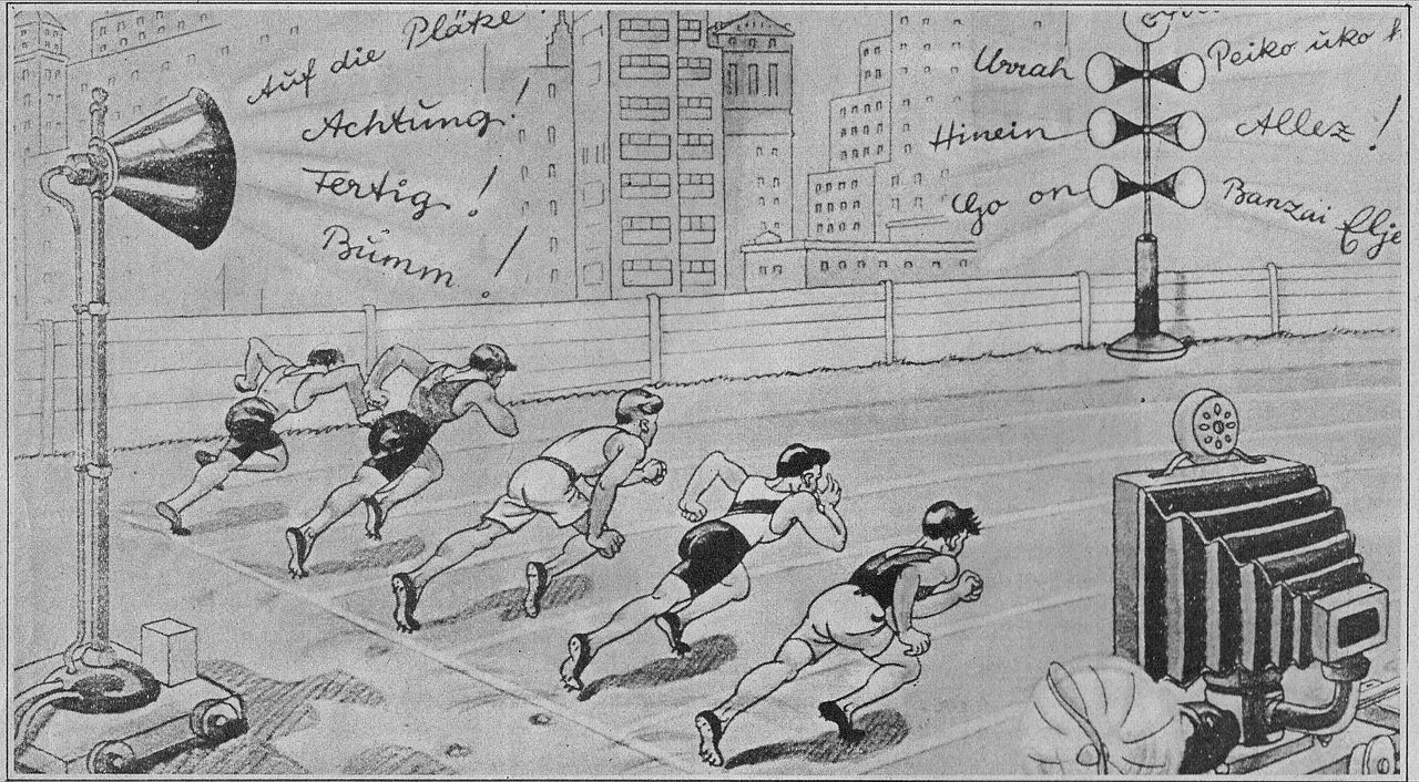 PERTAMA DISIARKAN: Sebuah kartun dari Olimpiade Berlin 1936 yang menggambarkan suasana Olimpiade 2000, di mana penonton digantikan radio dan televisi. (FOTO: WIKIPEDIA)