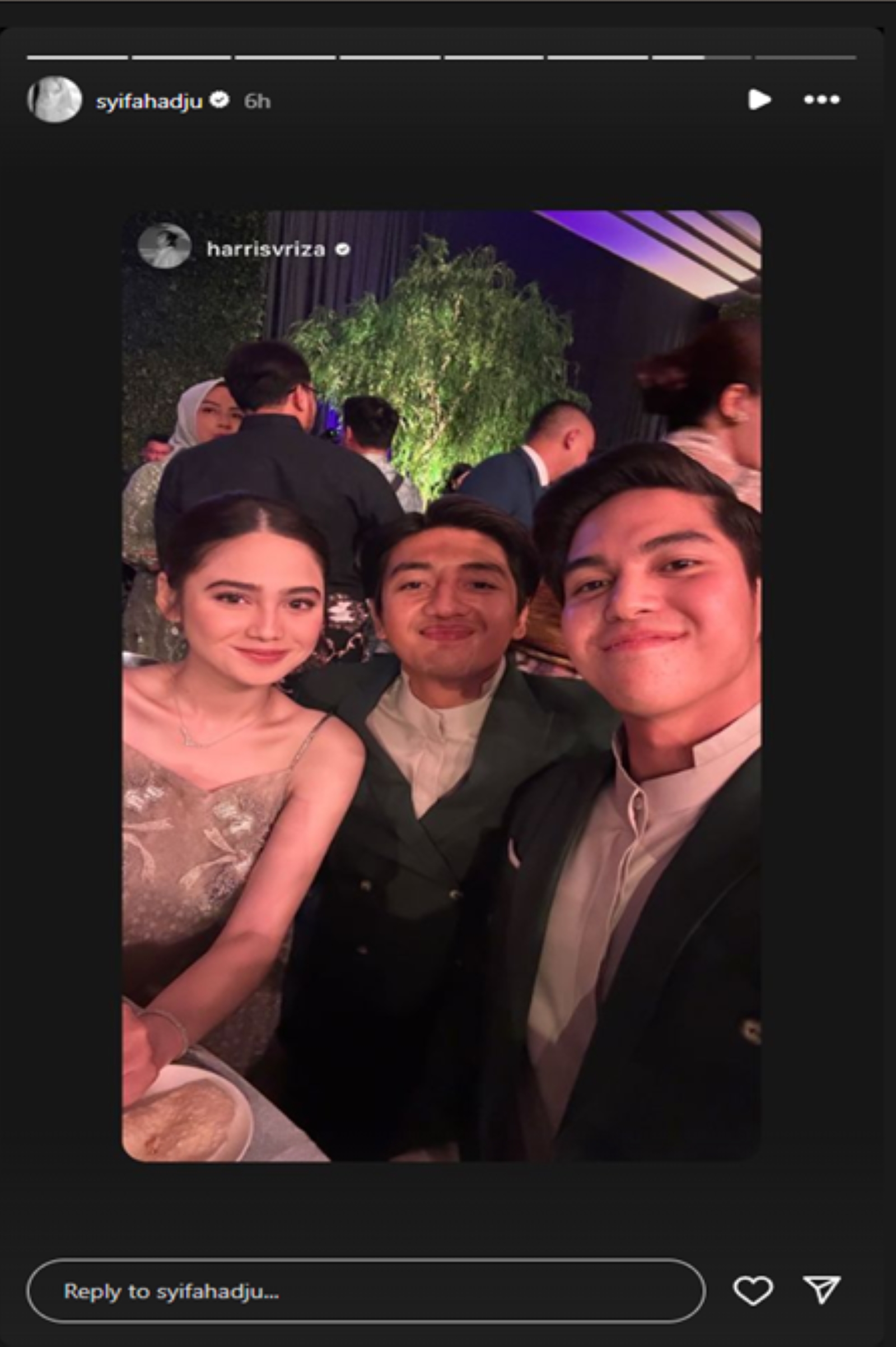 Syifa Hadju mengunggah ulang postingan Harris Vriza bersama El Rumi, 27 Juli 2024.