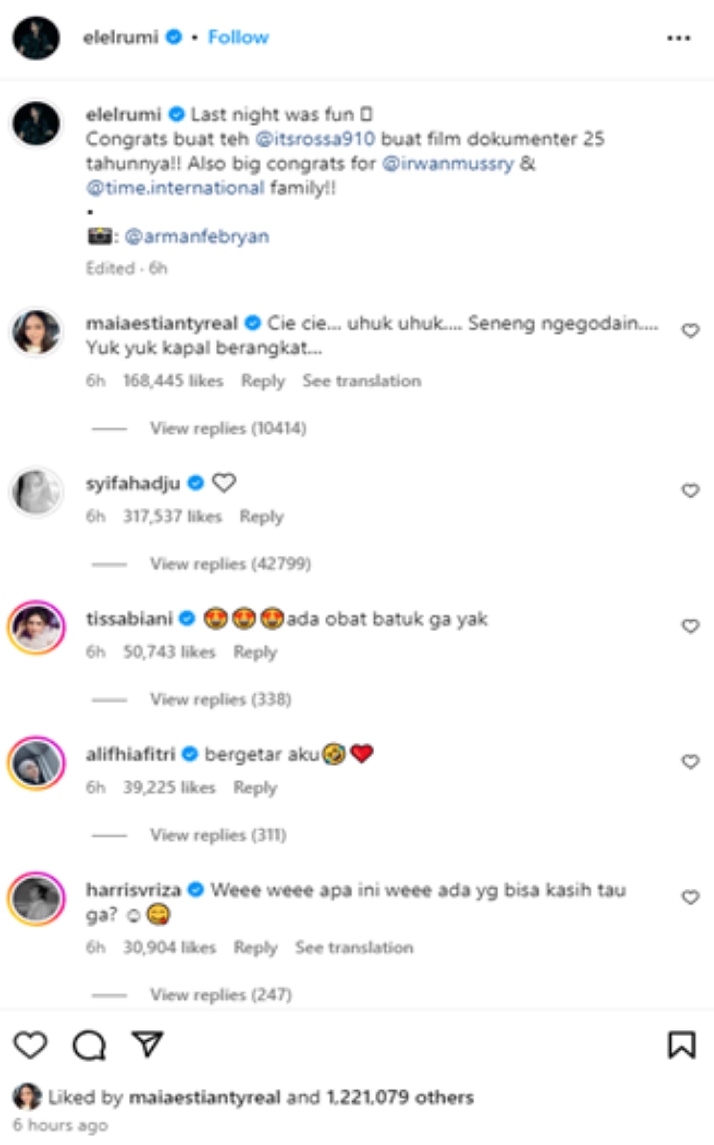 Tangkapan layar kehebohan kolom komentar pada postingan El Rumi. Dari Syifa Hadju sampai Maia Estianty, sore ini, 30 Juli 2024.