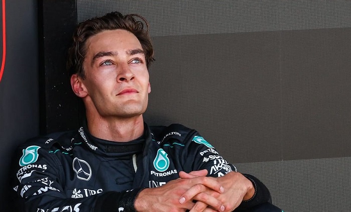Kekecewaan George Russel yang didiskualifikasi Formula di Sirkuit Spa-Francorchamps pada Minggu, 28 Juli 2024.