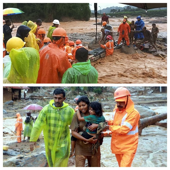Kolase banjir yang melanda hingga menyebabkan tanah longsor yang menewaskan puluhan orang di  negara bagian Kerala, India Selatan, Selasa (30/7/2024).