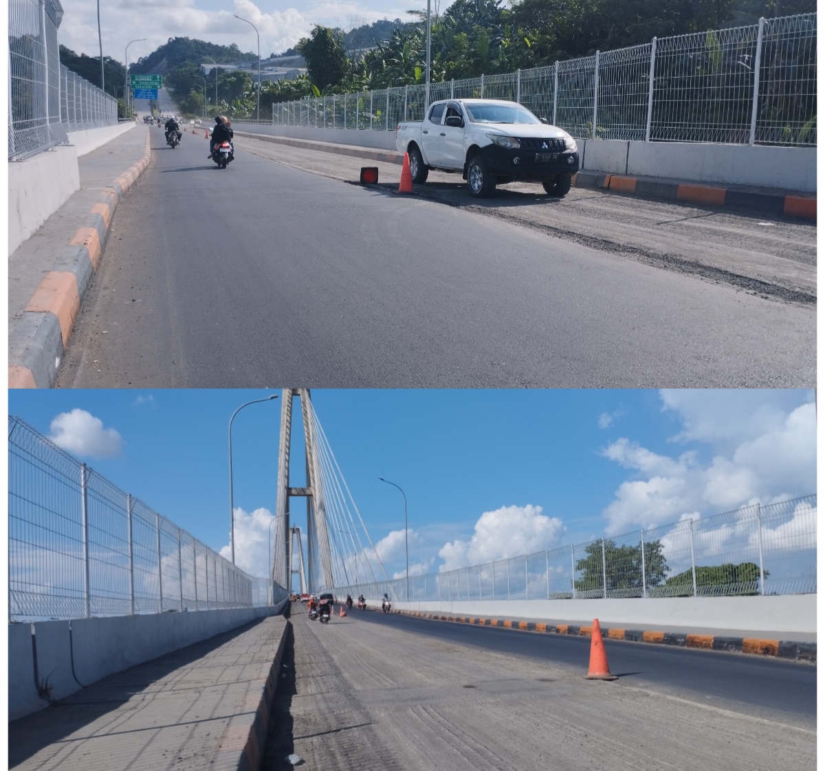 BIKIN CELAKA: Sebagian jalan telah dikupas, dalam proyek peningkatan jalan di Jembatan Achmad Amins, namun tanpa adanya plang peringatan maupun flag men/ dishub. (FOTO: DENNY SAPUTRA/KP)