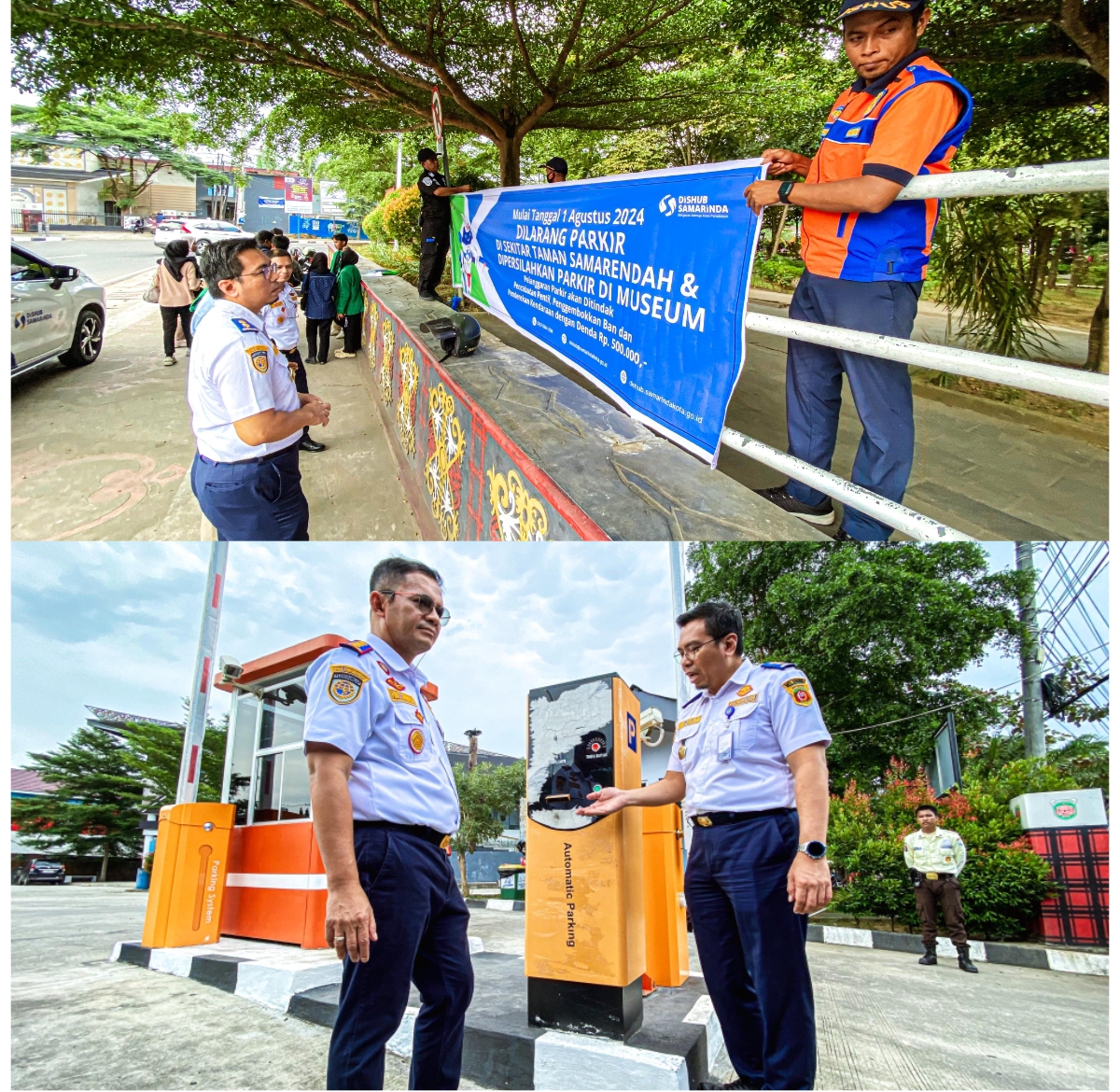 ATUR: Tim Dishub Samarinda memasang spanduk informasi larangan parkir di area lingkar Taman Samarendah, yang dialihkan ke area parkir Museum Samarinda, Rabu (31/7). (FOTO: RAMA SIHOTANG/KP)