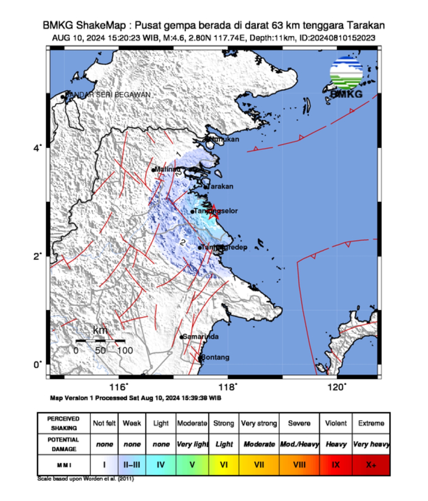 Peta gempa bumi di Kaltara berkekuatan magnitudo 4,6 pukul 16.20 Wita, Sabtu (10/8/2024)