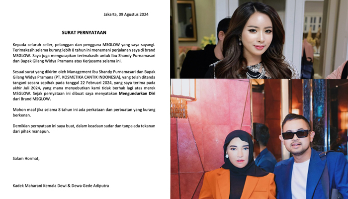 Maharani Kemala mengumumkan pengunduran dirinya dari MS Glow dan ucapan terima kasihnya kepada pengguna MS Glow melalui surat pernyataan di akun Instagram miliknya.