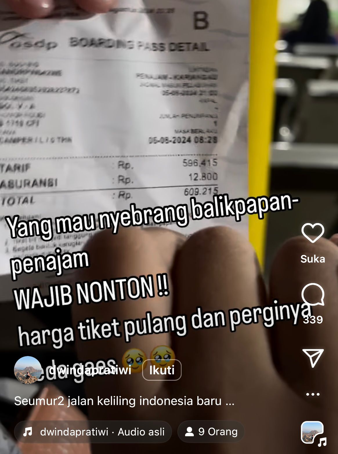 Potongan video dari akun Instagram @dwindapratiwi saat pengguna mengeluhkan tiket Feri Penajam-Balikpapan yang berbeda.