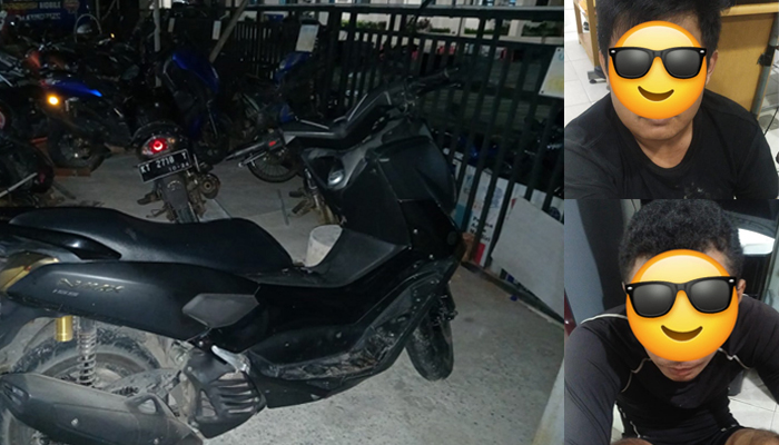 RAMPAS MOTOR: Polisi mengamankan dua pelaku dan barang bukti sepeda motor Yamaha NMax yang dirampas dari anak sekolah, Minggu (11/8/2024).