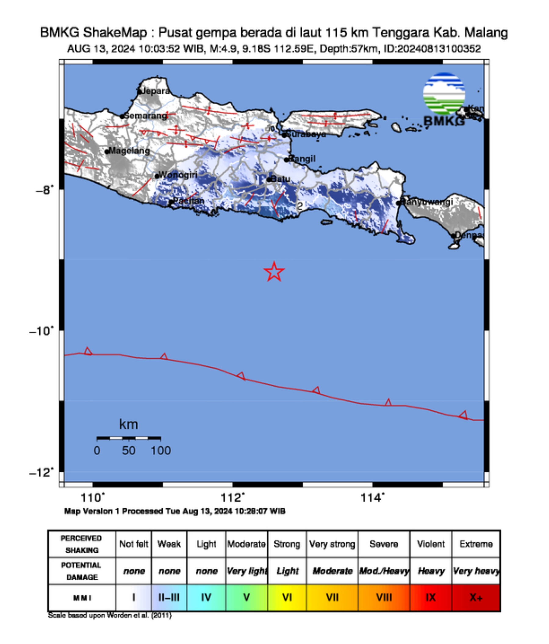 GEMPA BUMI: Kabupaten Malang, Jawa Timur, diguncang gempa hari ini, 13 Agustus 2024, pukul 10.03 WIB, dengan kekuatan M4,9.