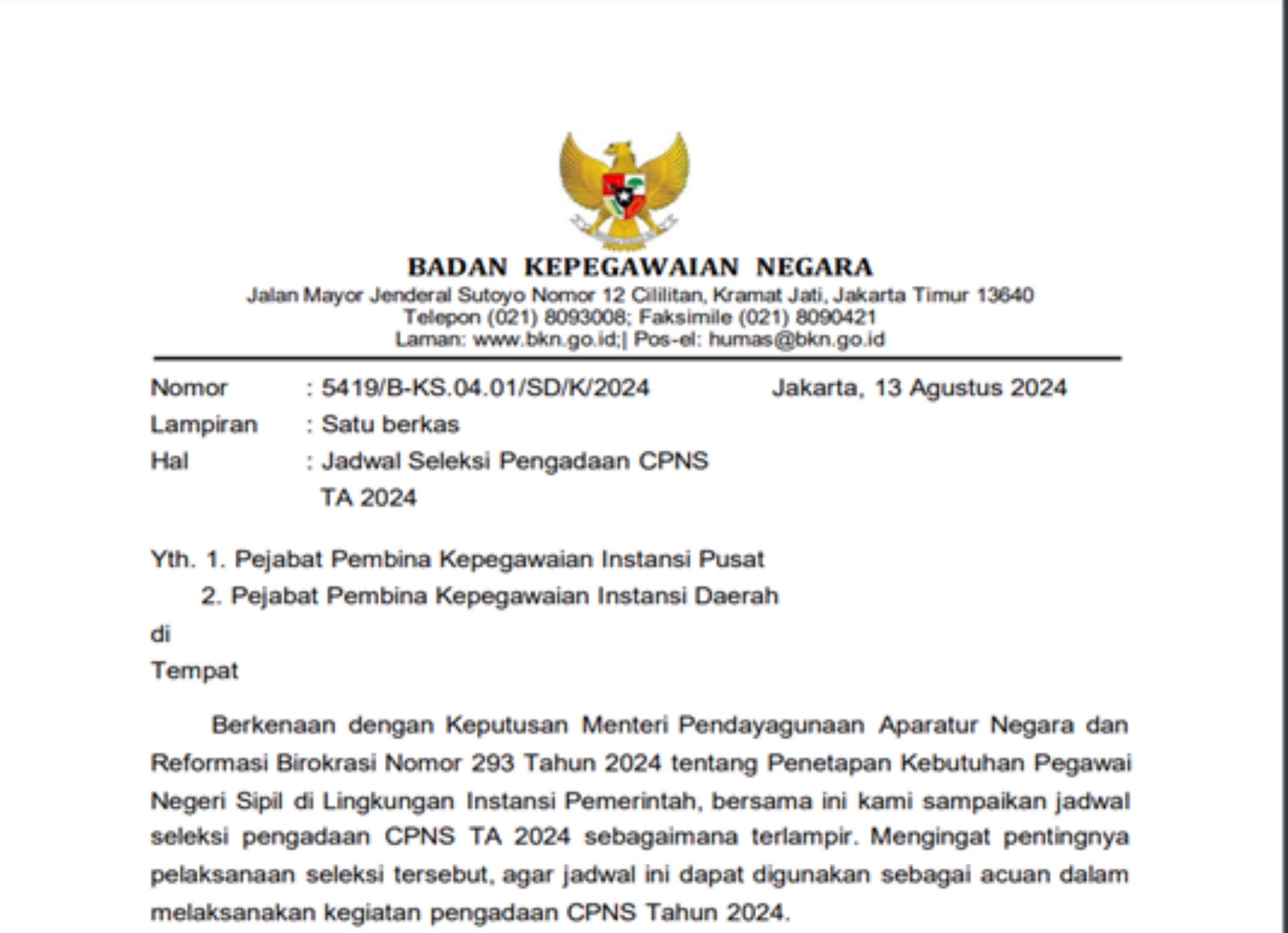 Badan Kepegawaian Negara merilis jadwal seleksi CPNS tahun 2024, Selasa (13/8/2024).