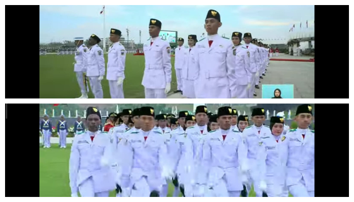 Anggota Paskibraka putri yang mengenakan jilbab saat pelaksanaan upacara bendera di Lapangan Istana Negara pada pukul 11.00 Wita.