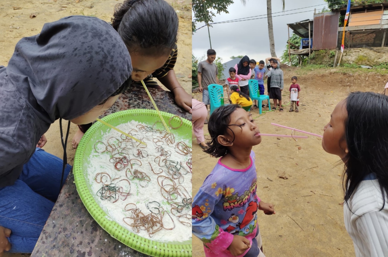 LOMBA: Wajah kedua anak ini tampak serius untuk meraih juara pada lomba estafet karet. Begitu lah potret perjuangan di momen hari kemerdekaan.