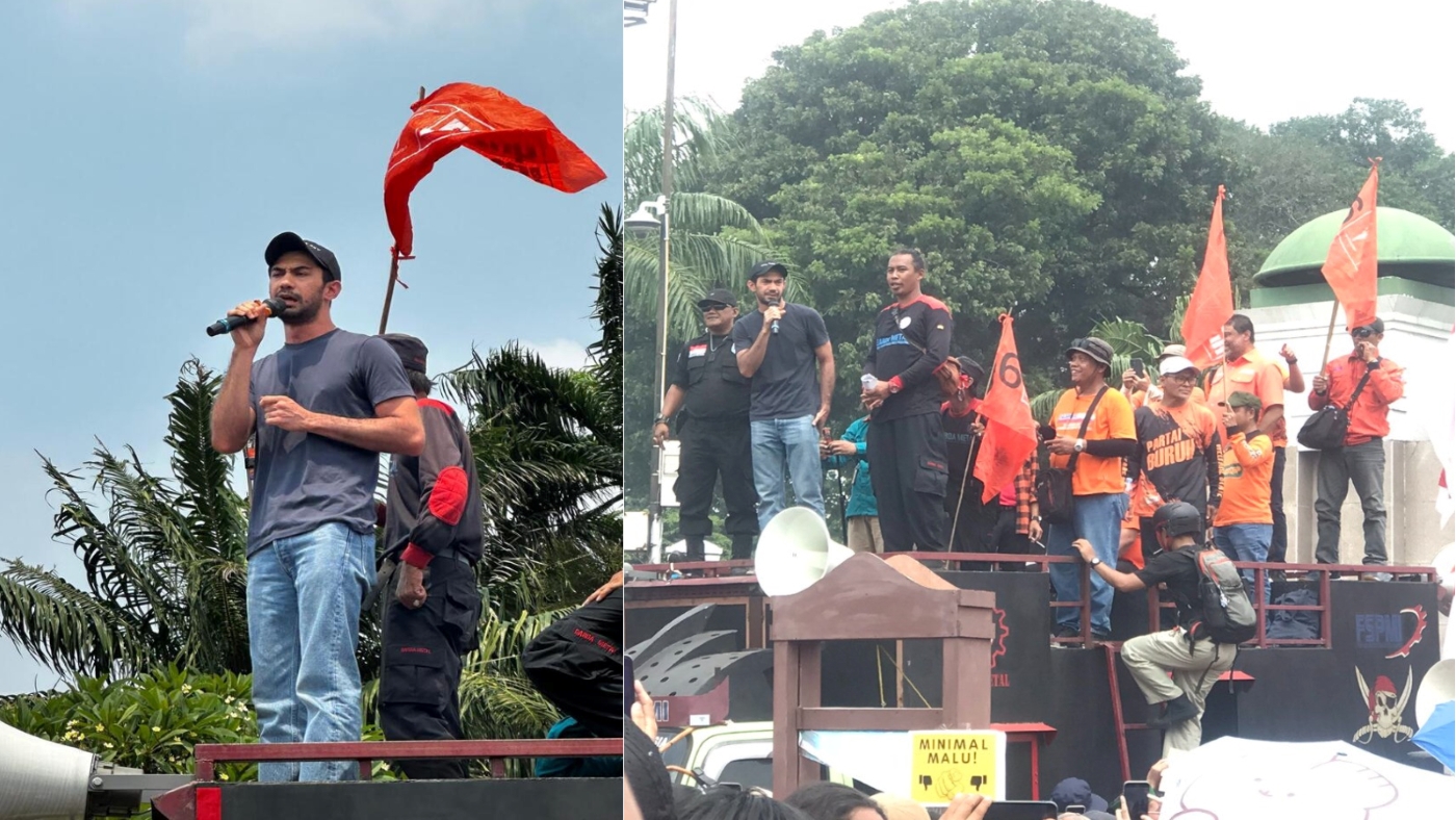 Reza Rahadian ikut aksi demo Kawal Putusan MK di depan Gedung DPR/MPR RI, Jakarta, Kamis (22/8/2024).