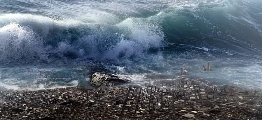 WASPADA: Ilustrasi bencana tsunami yang menurut hasil simulasi tahun lalu di Lampung berpotensi mengancam PPU dengan status waspada. (FOTO: IST)