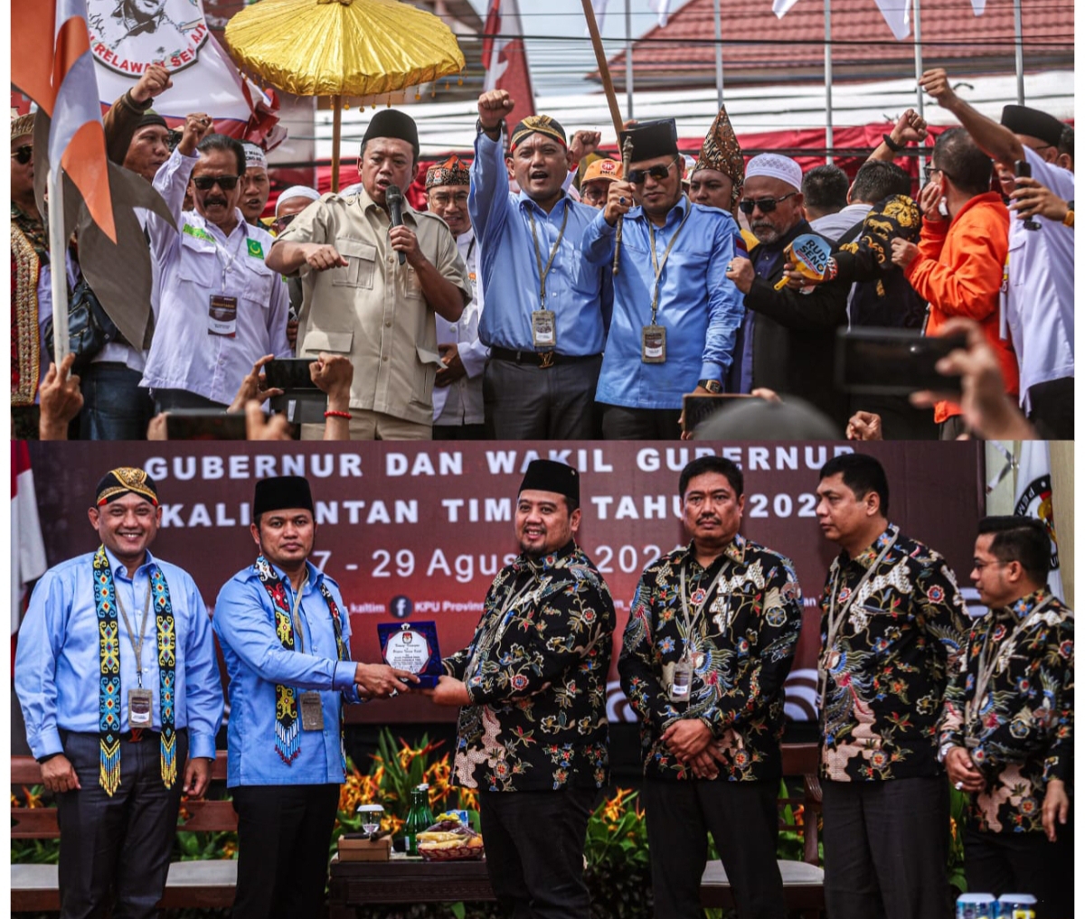 SERAHKAN: Rudy Mas&rsquo;ud dan Seno Aji, Kamis (29/8) tadi, resmi mendaftarkan diri sebagai bakal calon gubernur dan wakil gubernur Kaltim ke KPU. (FOTO: RAMA)