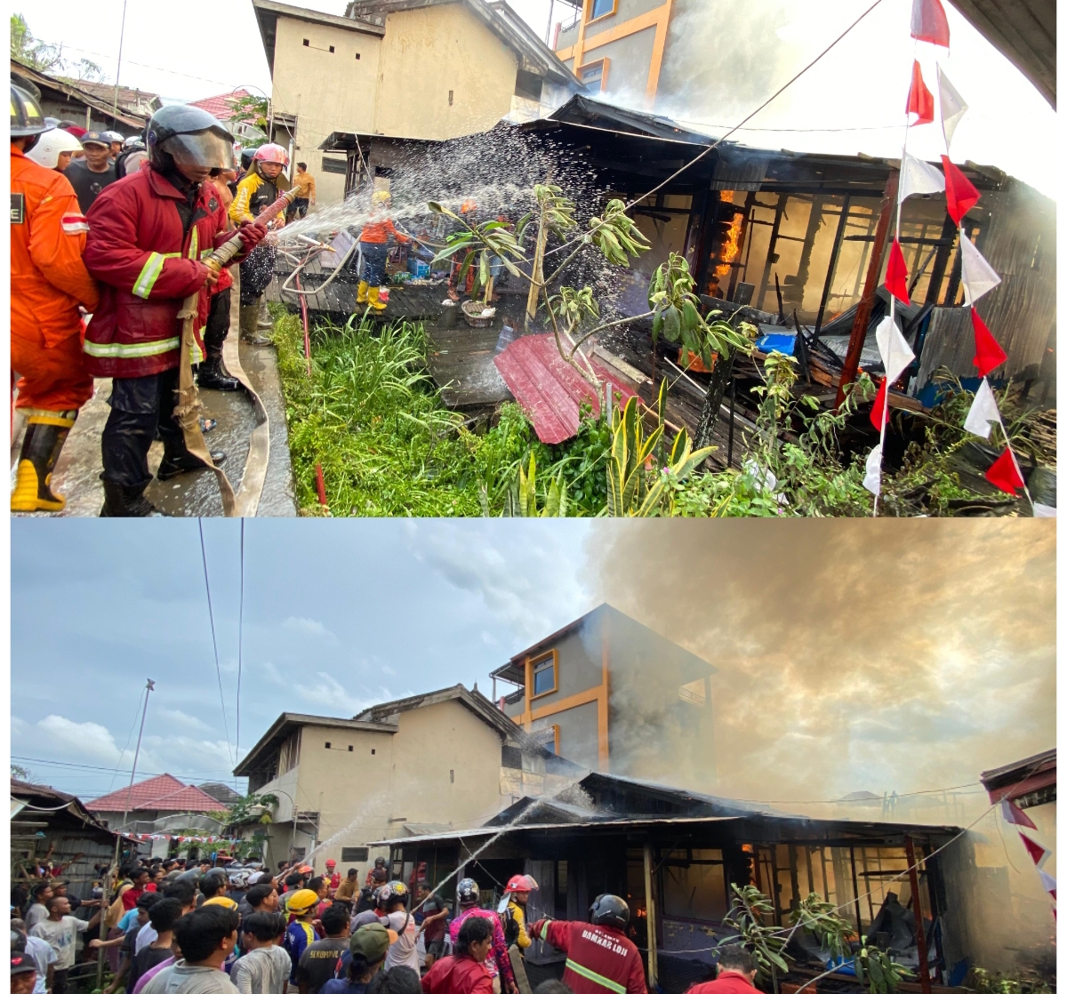HANGUS: Sebanyak 6 bangunan berbahan kayu ludes terbakar di Jalan Cipto Mangunkusumo, Kecamatan Loa Janan Ilir, Jumat (30/8). (FOTO/RAMA)