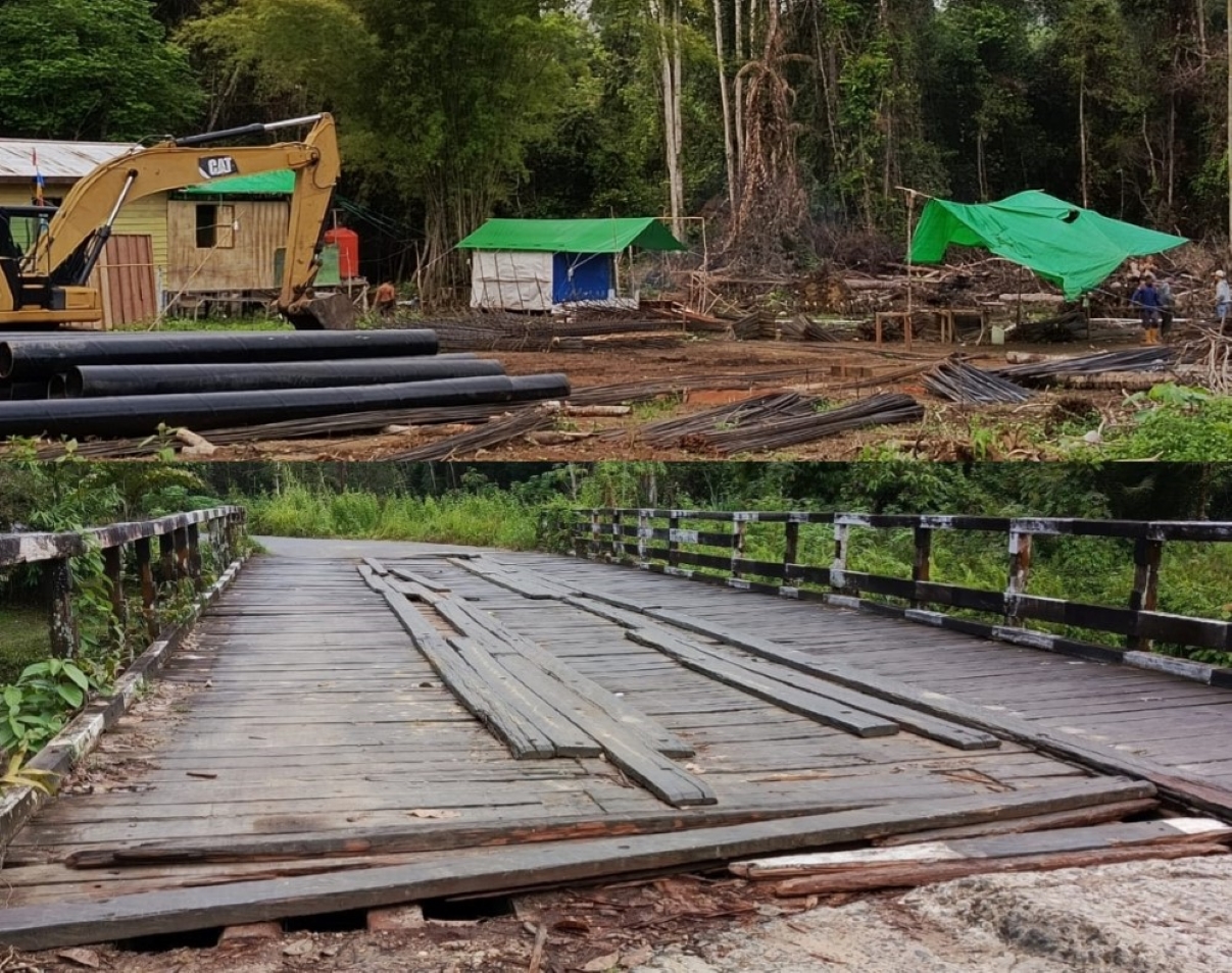 RAKIT BESI: Proyek pembangunan jembatan beton Sungai Idatn dimulai, tampak sejsejumlah pekerja rakit besi. Foto bawah, papan jembatan Sungai Idatn, banyak yang lepas berpotensi menyebabkan kecelakaan.
