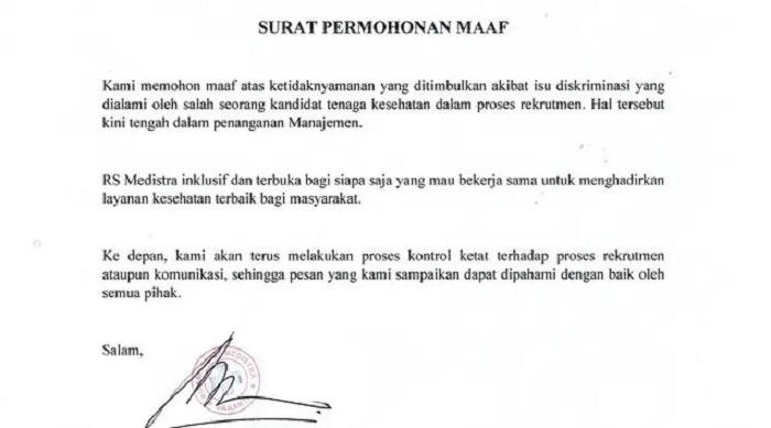 Surat permohonan maaf pihak RS Medistra.