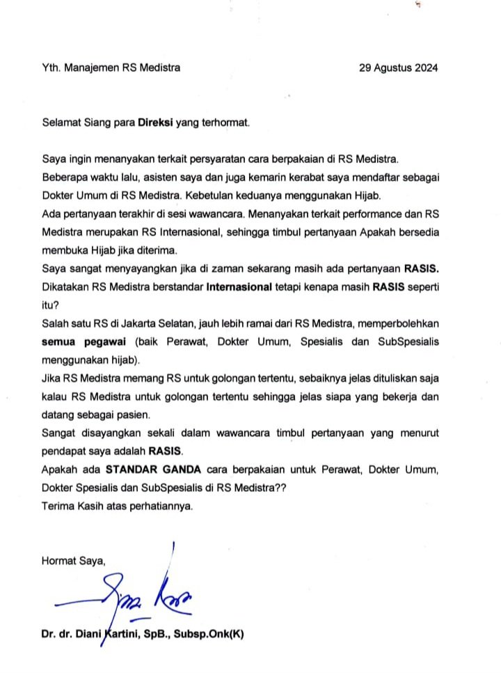 Surat yang mempertanyakan kebijakan berpakaian di RS Medistra.