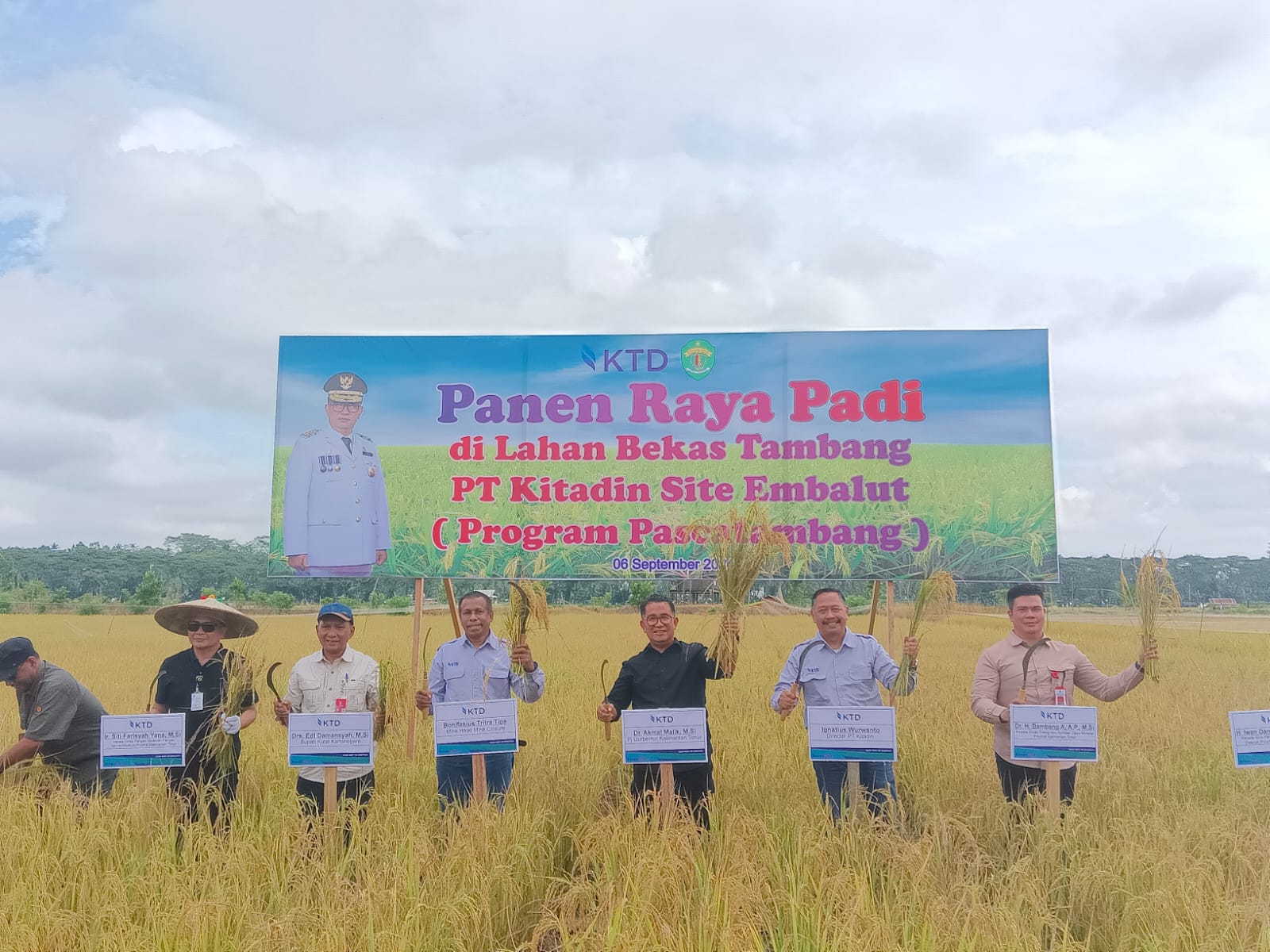 PANEN RAYA: Dari kanan ke kiri, Bambang Arwanto, Ignatius Wurwanto, Akmal Malik dan Bonifasius Tritra Tipa saat panen raya padi di area pascatambang jadi lahan pertanian pada, Jum&rsquo;at (6/9).