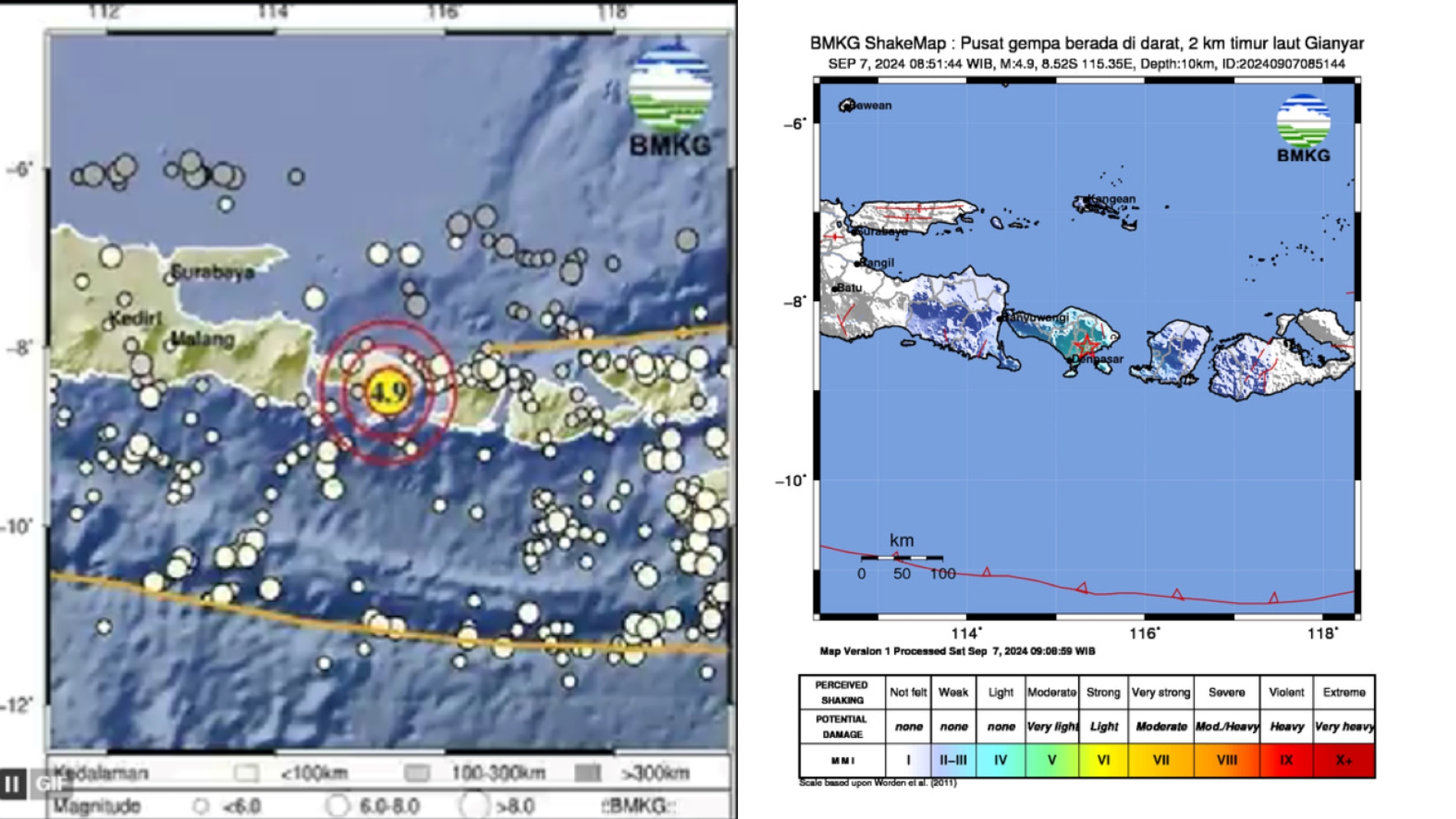 Gempa hari ini berkekuatan M4,9 terjadi di Gianyar, Bali, Sabtu (7/9/2024).