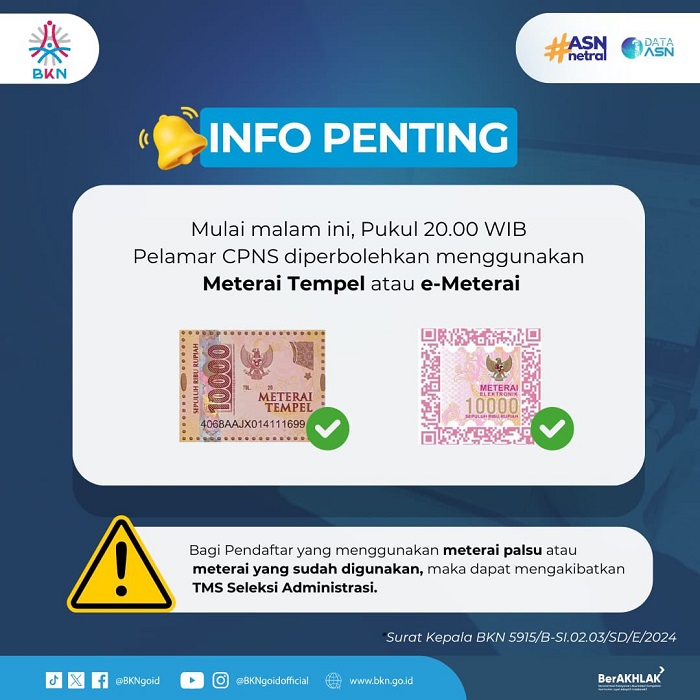 BKN izinkan penggunaan meterai tempel sebagai alternatif pengganti e-meterai. Mulai berlaku sejak Kamis, (5/9/2024), pukul 20.00 WIB hingga penutupan pendaftaran pada Selasa, (10/9/2024).