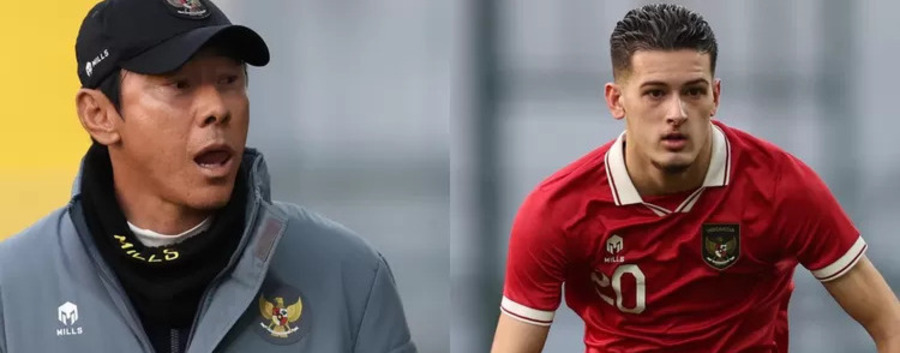 Pelatih Timnas Indonesia, Shin Tae-yong dan salah satu pemainnya, Justin Hubner.