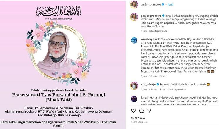 Kakak perempuan Ganjar Pranowo, meninggal dunia di rumah sakit.