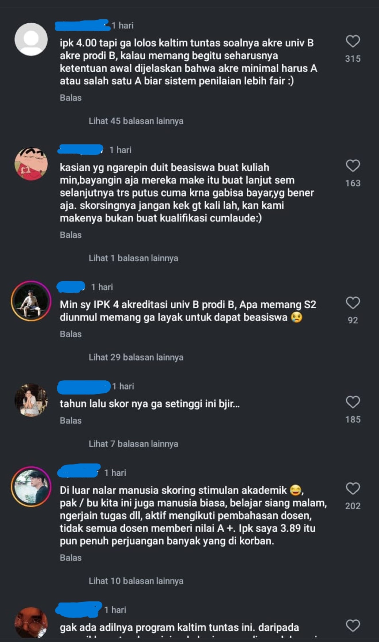 Tangkapan layar kolom komentar akun Instagram Beasiswa Kaltim.