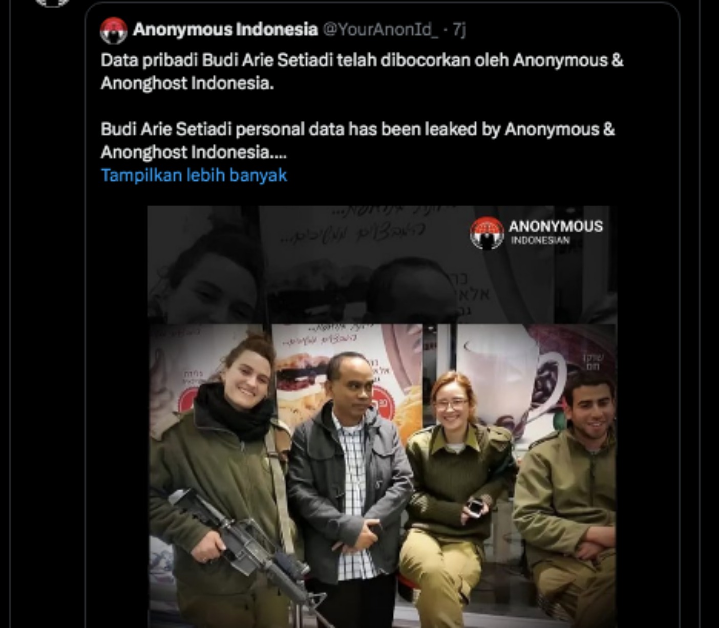 Akun Anonymous Indonesia telah membocorkan data pribadi Budi Arie Setiadi. (Foto: Screenshot X)