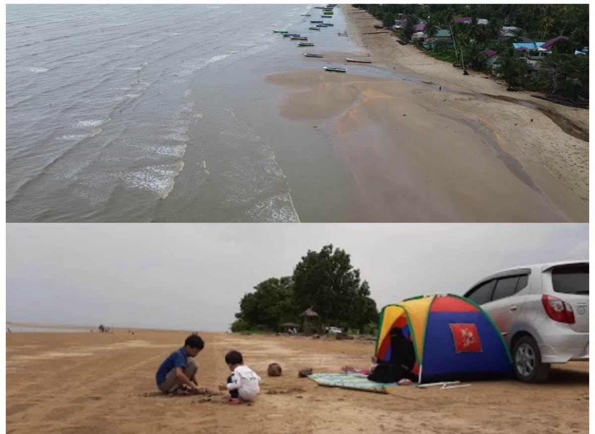 MENAWAN: Satu keluarga tampak saat menikmati keindahan Pantai Corong, dan keindahan Pantai Tanjung Jumlai di Kecamatan Penajam, PPU, saat difoto dari udara. (FOTO: IST)