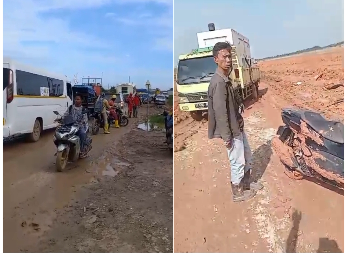 RUSAK: Warga tiga Kelurahan Gersik, Pantailango, Riko, Kecamatan Penajam, PPU memanfaatkan jalan sepanjang tepi pagar runway yang kondisinya berlumpur, licin dan rusak. (FOTO: IST)